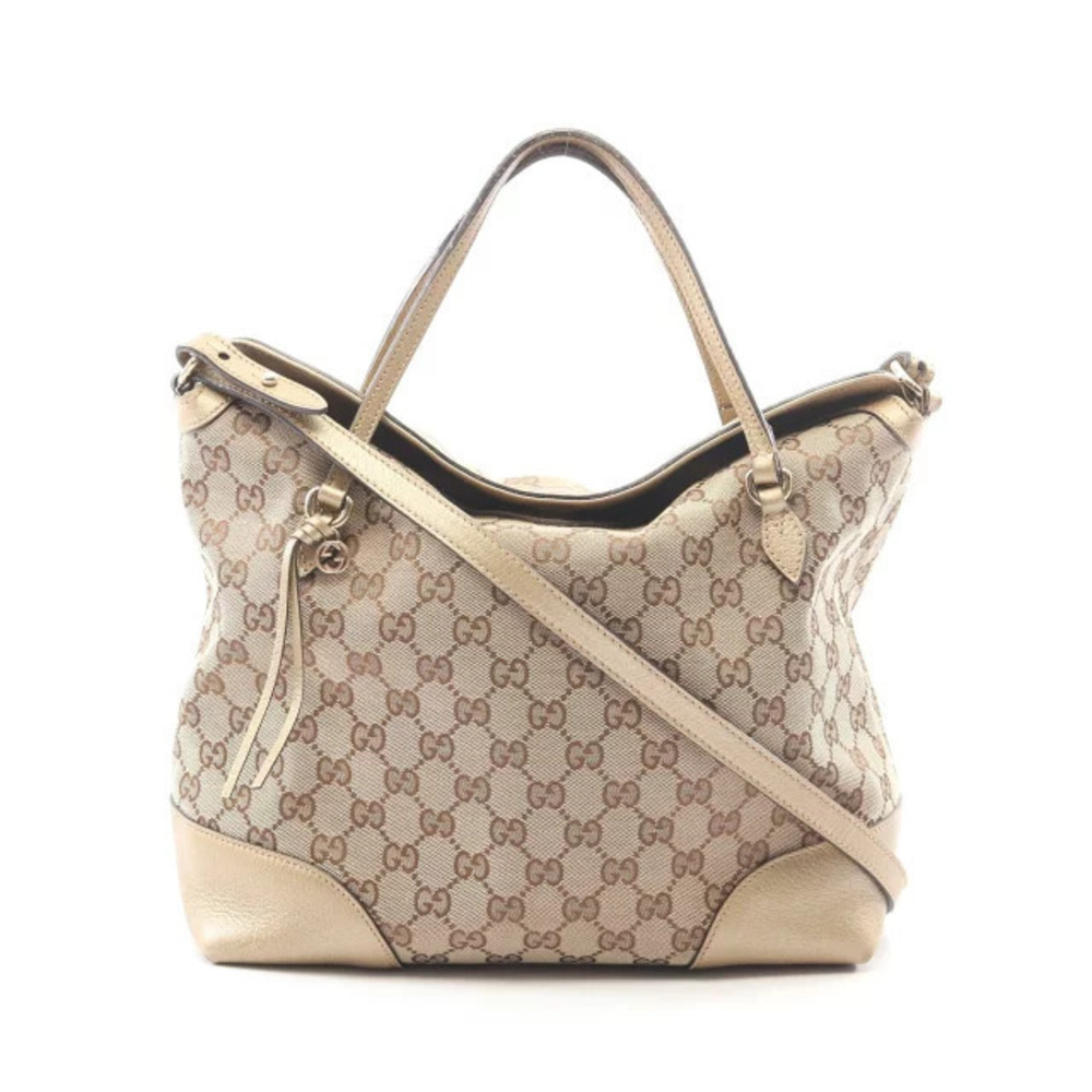 Gucci Bree GG Canvas Leather Top Handle Bag Beige Tan